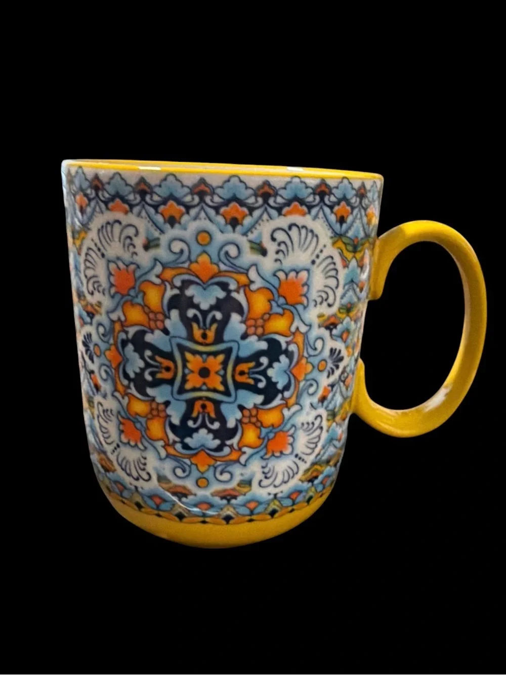 HENXFEN LEAD Boho Ceramic Coffee Mug – Yellow with Blue & Orange Mandala Pattern